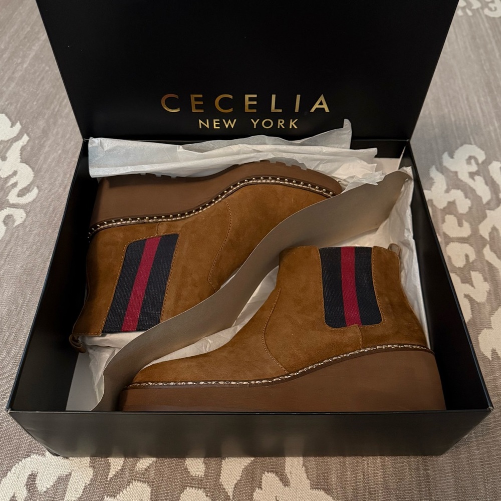 NWT CECELIA NEW YORK Gemma Wedge Boots in Nutella suede, tan, women’s size 7.
